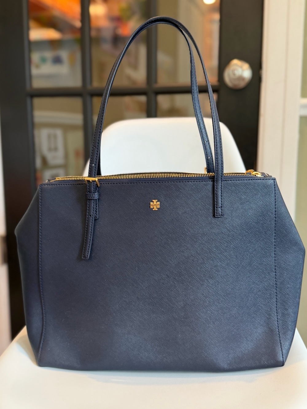 Tory Burch Emerson Double Zip Tote in Navy Saffiano Leather